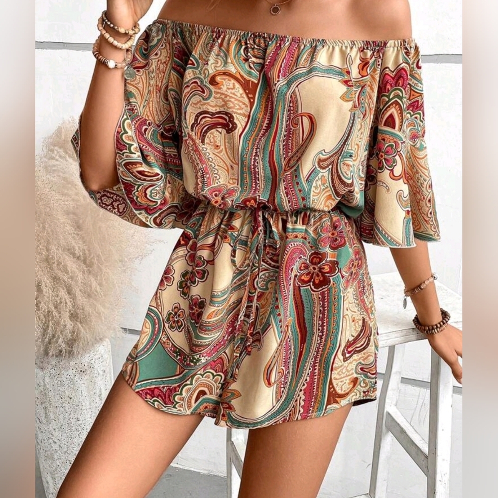 Emery Rose Romper Size Medium M Paisley Print Off Shoulder Shorts Top Silk NEW